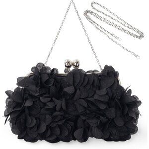 Women's Black Detachable Floral Elegant Chain Party Wedding Prom Clutch Bag